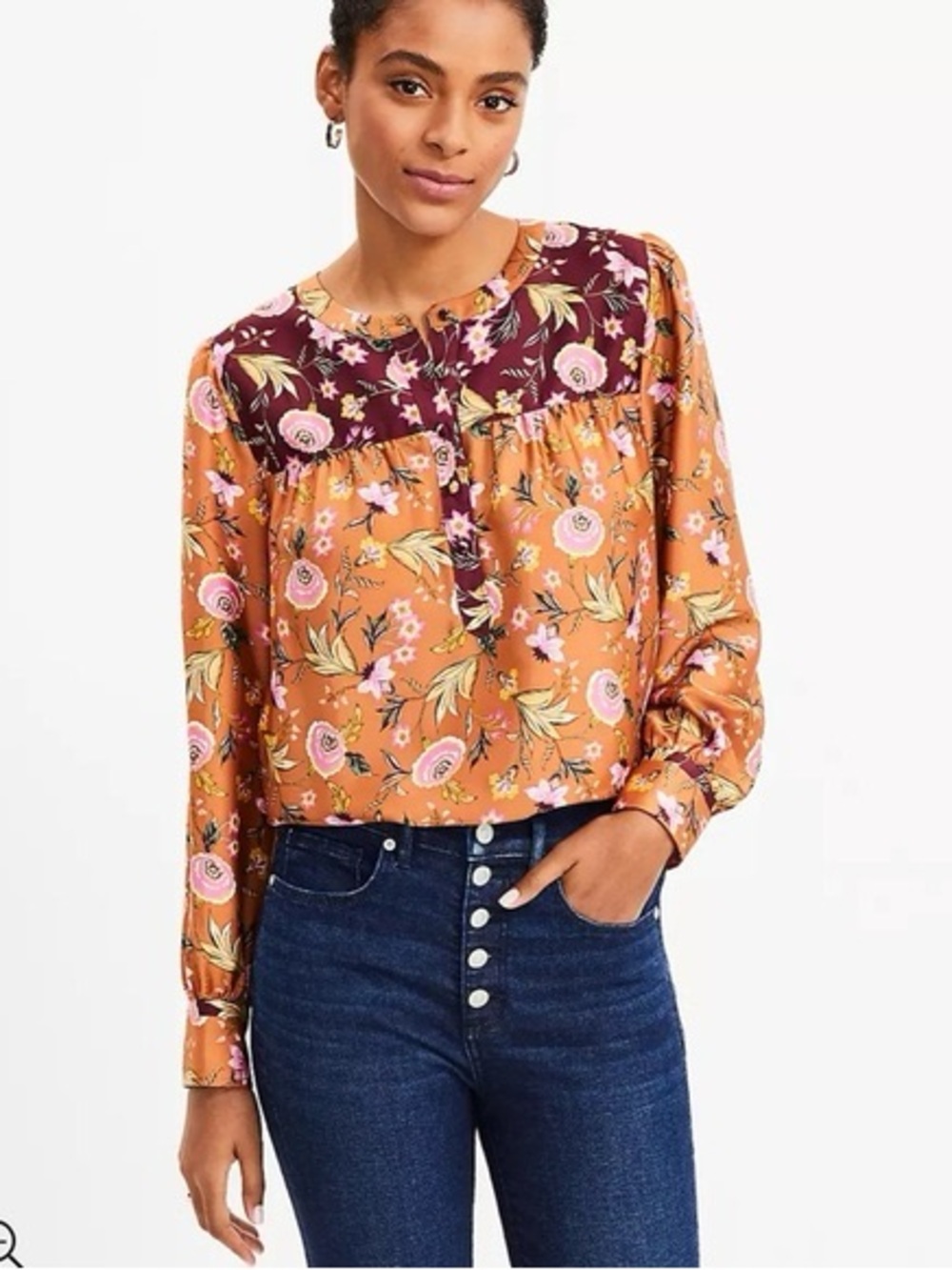 LOFT Mixed Floral Print Long-Sleeve Henley Blouse Orange & Burgundy Size Small